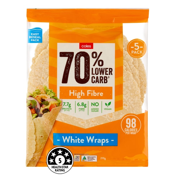 Coles 70% Lower Carb Wraps White 5 Pack | 210g