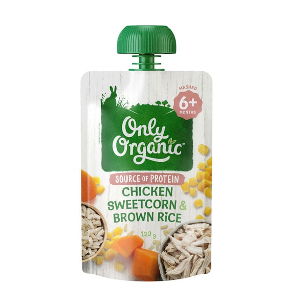 Only Organic Chicken Sweetcorn & Brown Rice Baby Food Pouch 6+ Months | 120g