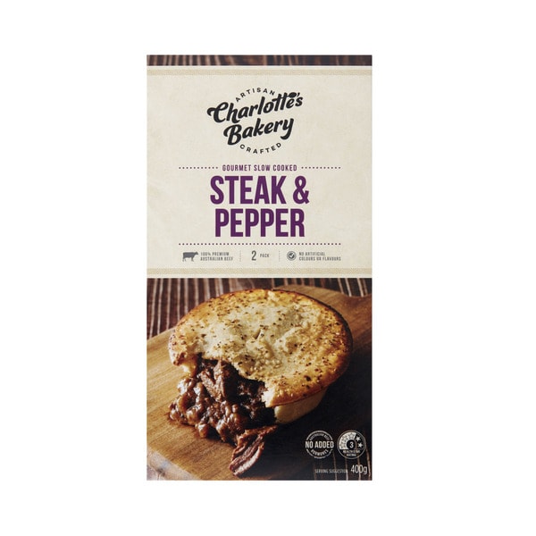 Charlotte's Bakery Slow Cooked Steak & Pepper Pies 2 pack | 400g