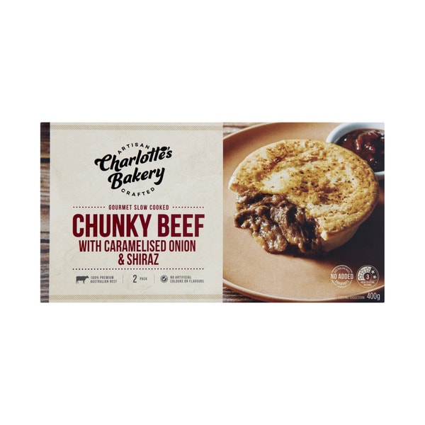 Charlotte'S Bakery Slow Cooked Beef Shiraz & Onion Pies 2 Pack | 400g