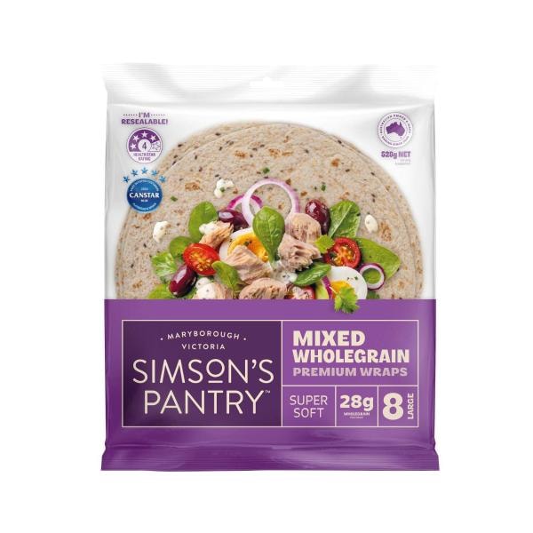 Simson's Pantry Preservative Free Mixed Wholegrain Large Wraps 8 Pack | 528g