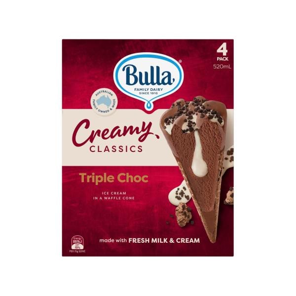 Bulla Creamy Classics Triple Choc Cone 4Pk | 520mL