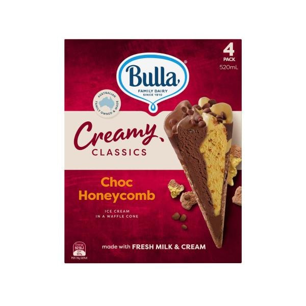 Bulla Creamy Classics Choc Honeycomb Cone 4 Pack | 520mL