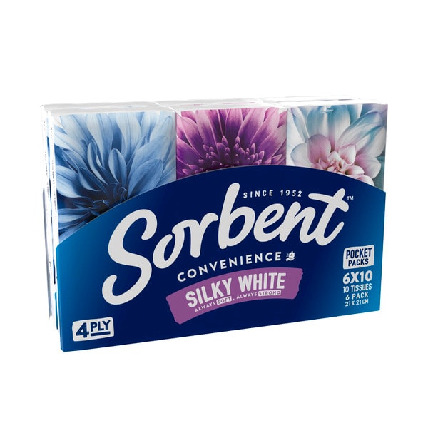 Sorbent 4 Ply Pocket Pack White Facial Tissues | 6 pack