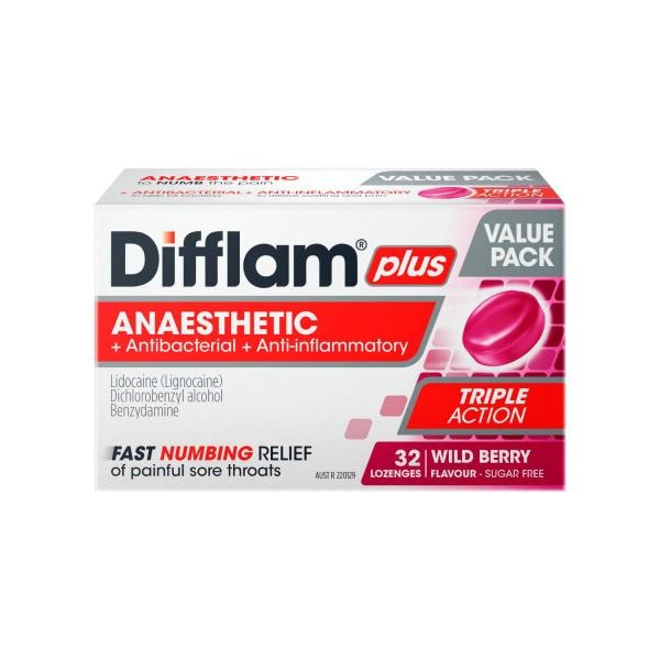 Difflam Plus Triple Action Wildberry | 32 pack