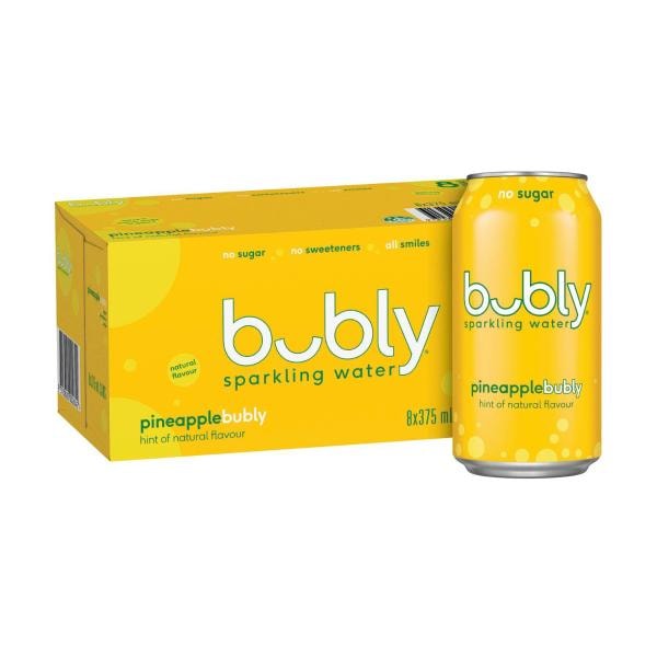 Bubly Pineapple Flavour Sparkling Water No Sugar Multipack Cans 375mL X 8 Pack | 8 pack