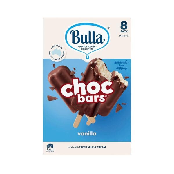 Bulla Ice Cream Choc Bars Vanilla 8Pack | 600mL