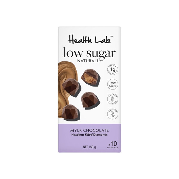 Health Lab Low Sugar Naturally Milk Choc Hazelnut Filled Diamonds | 150g
