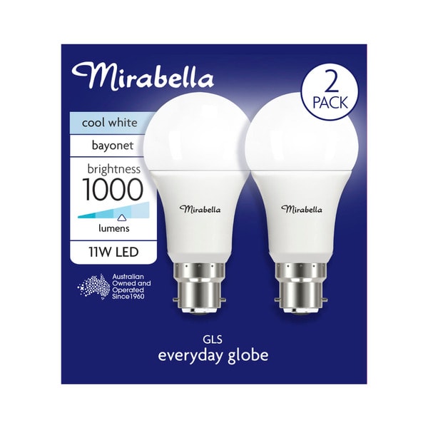 Miirabella Led GLS BC 11W 1000LUM 4000K Cool White Brand A60 | 2 pack