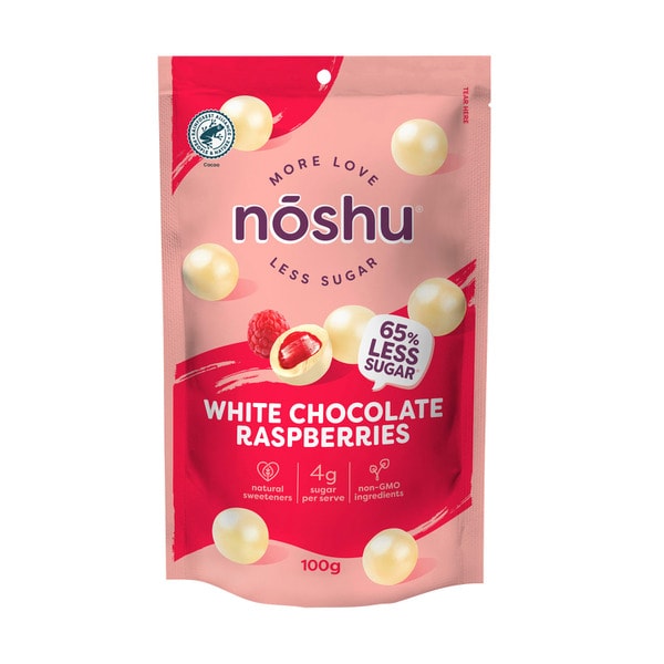 Noshu Less Sugar Bites:White Chocolate Raspberry | 100g