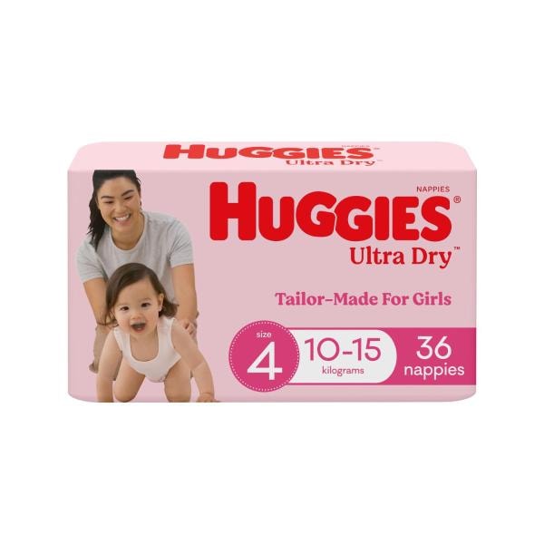 Huggies Ultra Dry Nappies Girls Size 4 (10-15kg) | 36 pack