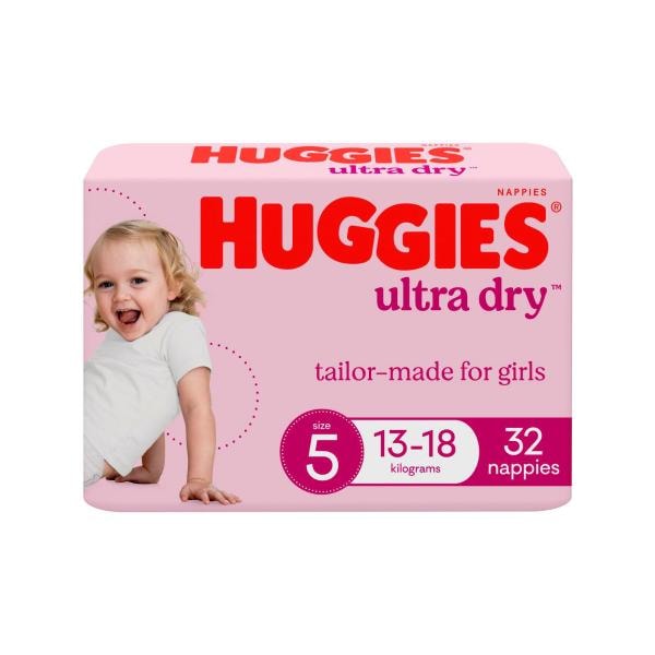 Huggies Ultra Dry Nappies Girls Size 5 (13-18kg) | 32 pack