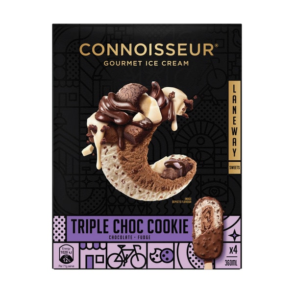 Connoisseur Laneway Sweets Triple Choc Cookie Ice Cream 4 Pack | 360mL