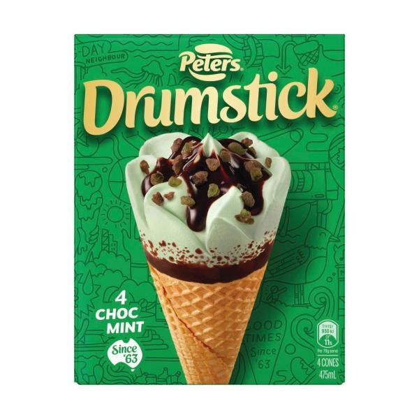 Peters Drumstick Choc Mint Ice Cream 4 Pack | 475mL
