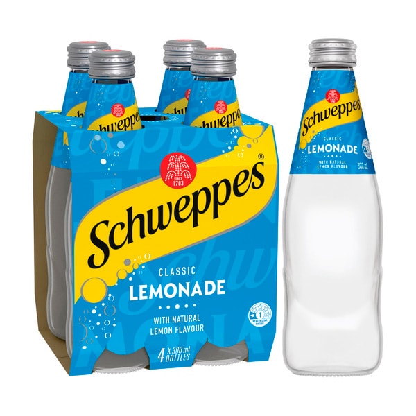 Schweppes Lemonade Soft Drink Bottle Glass Multipack 300mL x 4 Pack | 4 pack