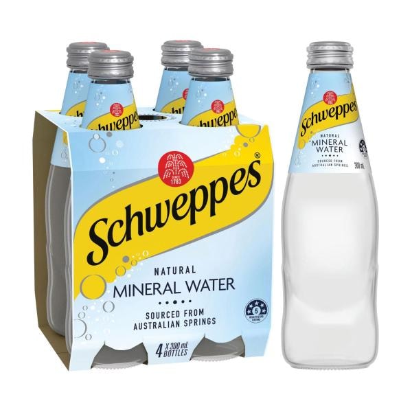 Schweppes Natural Mineral Water Bottle Glass Multipack 300mL x 4 Pack | 4 pack