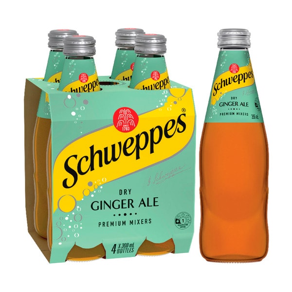 Schweppes Dry Ginger Ale Soft Drink Bottle Mixers Multipack 300mL x 4 Pack | 4 pack