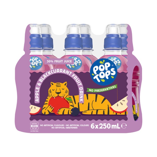 Pop Tops Apple Blackcurrant Fruit Drink 30% Juice Poppers Multipack Lunch Box Bottles 250mL X 6 Pack | 6 pack
