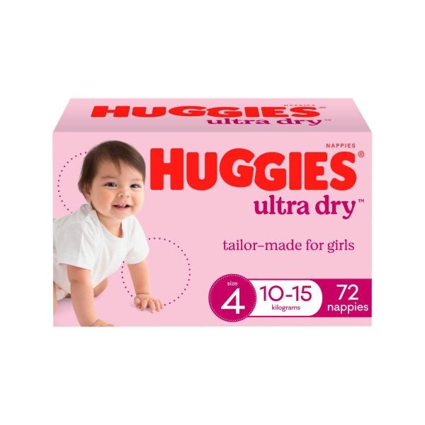 Huggies Ultra Dry Nappies Girls Size 4 (10-15kg) | 72 pack