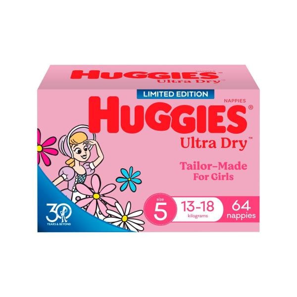 Huggies Ultra Dry Nappies Girls Size 5 (13-18kg) | 64 pack