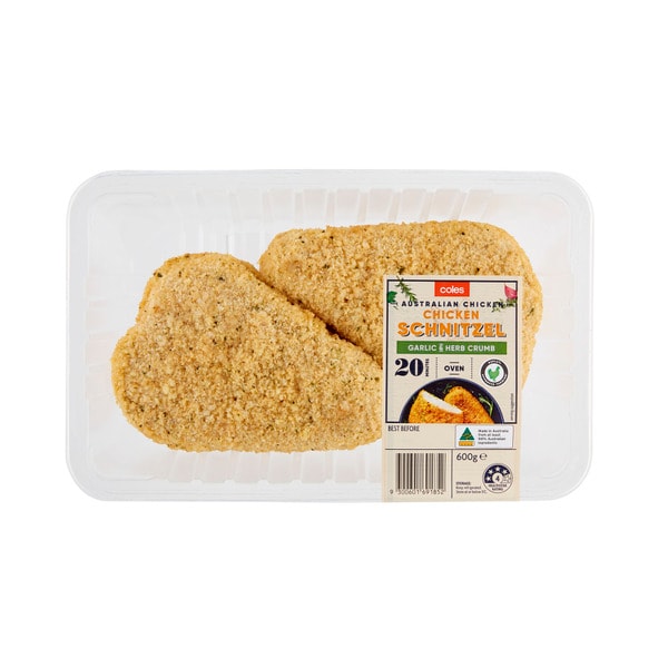 Coles RSPCA Approved Chicken Breast Schnitzel Garlic & Herb Crumb | 600g