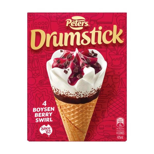 Peters Drumstick Boysenberry Swirl Ice Cream 4 Pack | 475mL