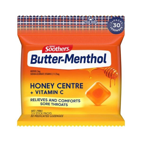 Soothers Butter Menthol Honey Centre & Vitamin C Throat Lozenges 3x10 Multipack | 3 pack