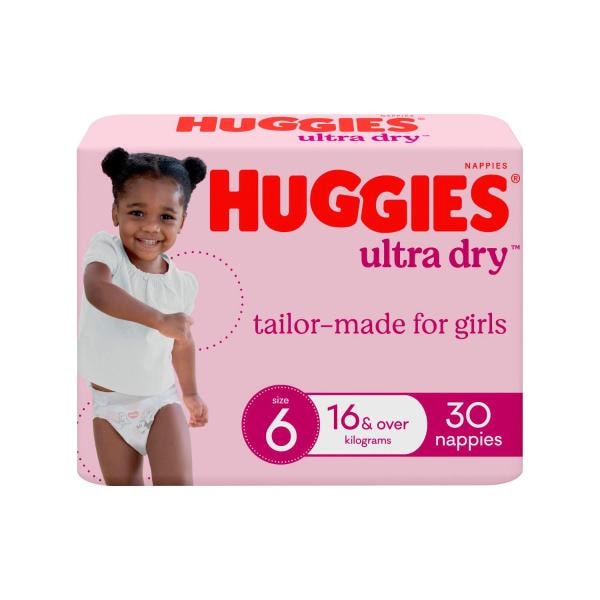 Huggies Ultra Dry Nappies Girls Size 6 (16kg+) | 30 pack
