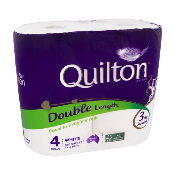 Quilton 3 Ply Double Length White Toilet Paper | 4 pack