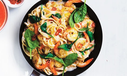 Chilli Prawn Linguine in a pan