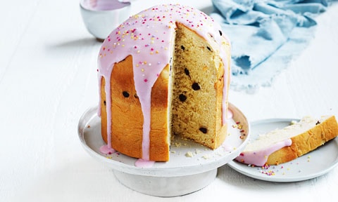 Easter bread Kulich with pink icing sugar
