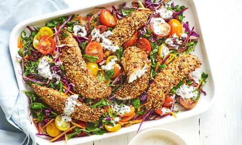 Dukkah Chicken baked in tray with salad, served with green olive dressing