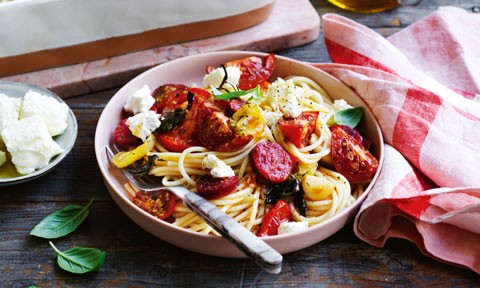 Tomato tray bake with spaghetti and chorizo