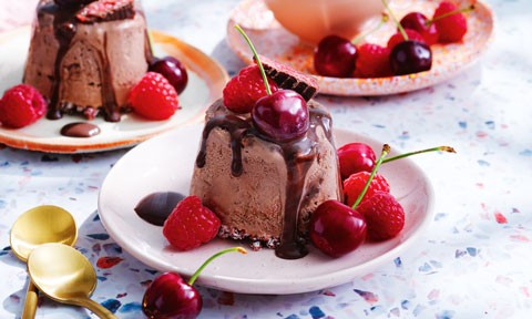 Berry-filled Black Forest ice cream puddings