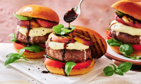 Caprese-style beef burgers with caramelised peach