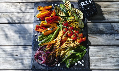 bbq vegetable platter with candy eyes