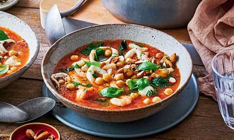 Healthy seafood and chickpea soup