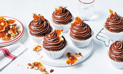 Six spiced chocolate and almond cupcakes with toffee brittle
