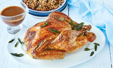 Curtis Stone's roast turkey with sage-brown butter gravy and currant-pine nut stuffing