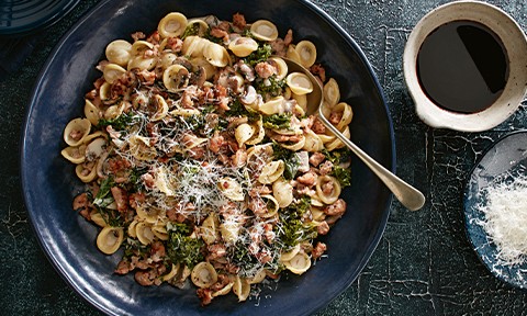 Handmade orecchiette with kale and mushrooms