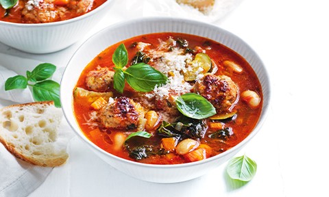 Italian-style vegetable and pork meatball soup