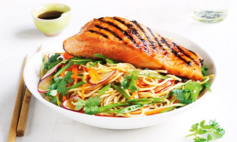 Miso-grilled salmon with ramen noodle salad