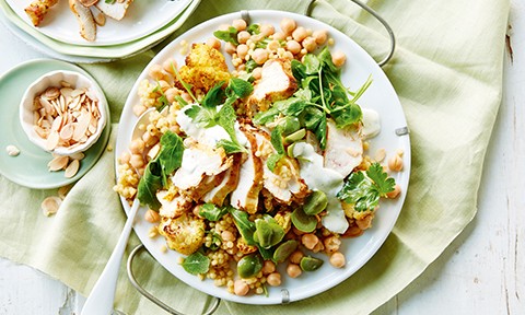 Pearl couscous and cauliflower salad with spiced chicken