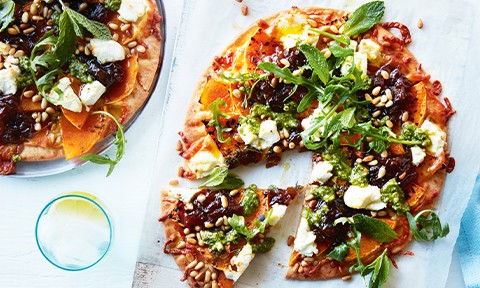 Pumpkin, thyme and caramelised onion pizzas