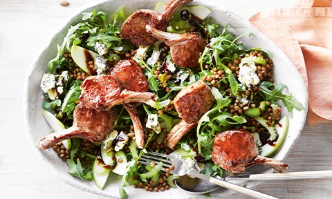 Sticky balsamic lamb with apple and lentil salad