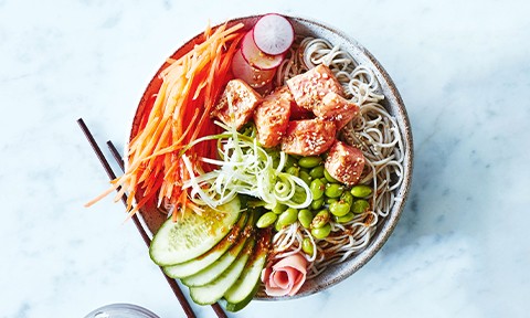 Sushi salmon noodle bowl