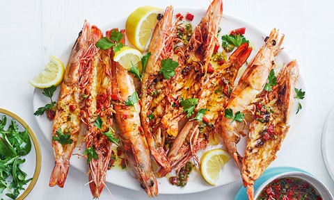 Eight BBQ prawns with lemon and caper dressing