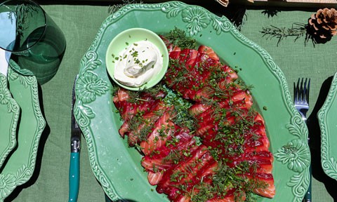 A plate of cured beetroot and gin salmon served with a mayo