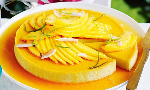 Lime and coconut creme caramel topped with mango slices