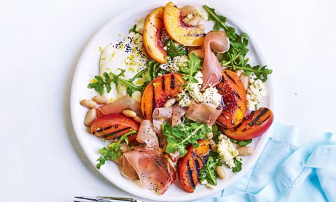 Prosciutto and BBQ peach salad with poppy seeds